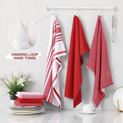 Homaxy Premium Kitchen Towels(18”x 28”, 9 Pack), Large Cotton 380 GSM Kitchen Hand Towels, Soft and Absorbent Terry Dish Towels, Multipurpose Tea Towel Set with Hanging Loop, Red