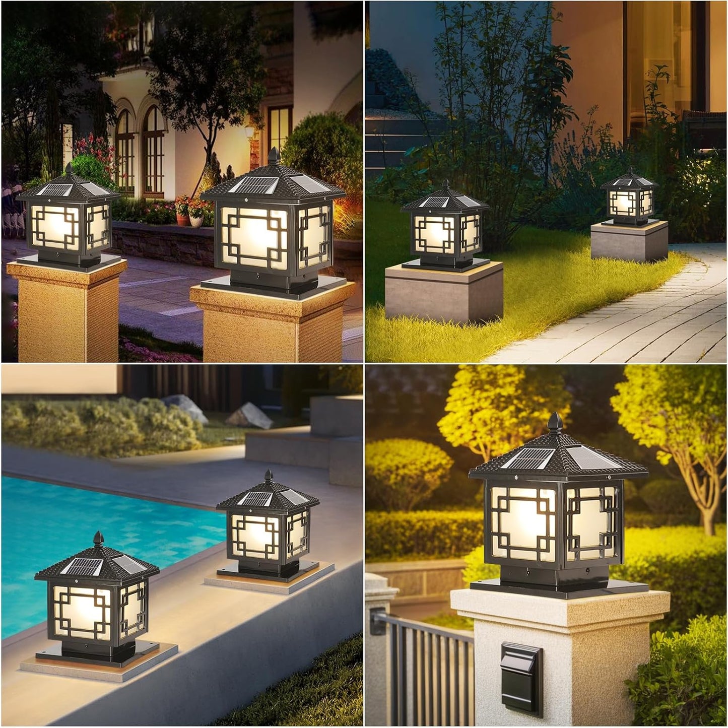 SLAWA 9.8In Solar Lighting Lantern Outdoor Post Caps Light with Solar Powered LED Column Lamp Black Square Waterproof Pillar Lamp Outside Housing Landscape Lighting Fence Deck Mailbox Pedestal Lantern
