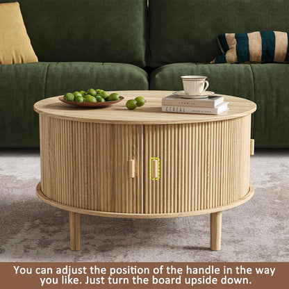 Coffee Table and TV Stand Set of 2, Round Center Table with Storage,Fluted Coffee Table with 360° Sliding Doors, 86.6" Entertainment Center for Bedroom, Living Room,Natural