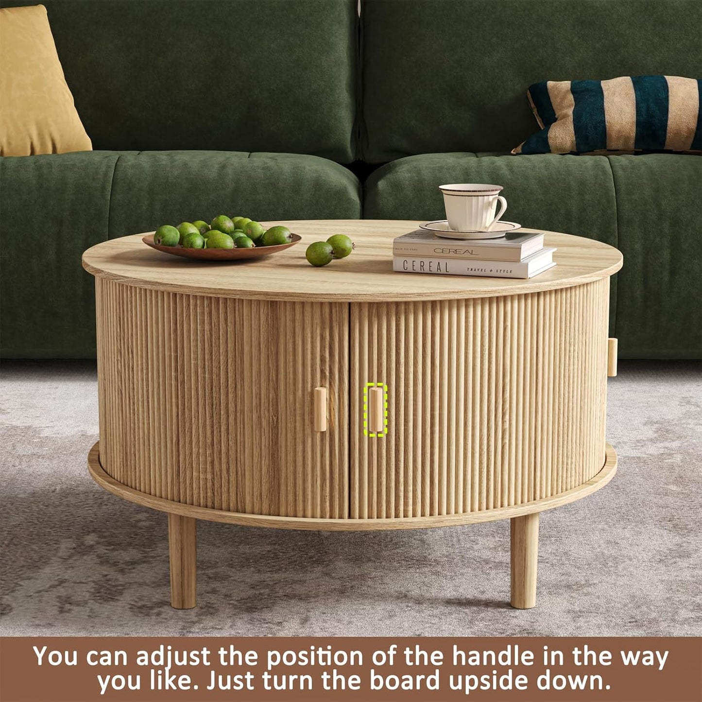 Round Coffee Table with Storage,Fluted Table with 360°Curved Sliding Doors,Solid Wood Legs, Mid Century Modern Center Table for Living Room,Apartment, Home Office,Oak,Natural
