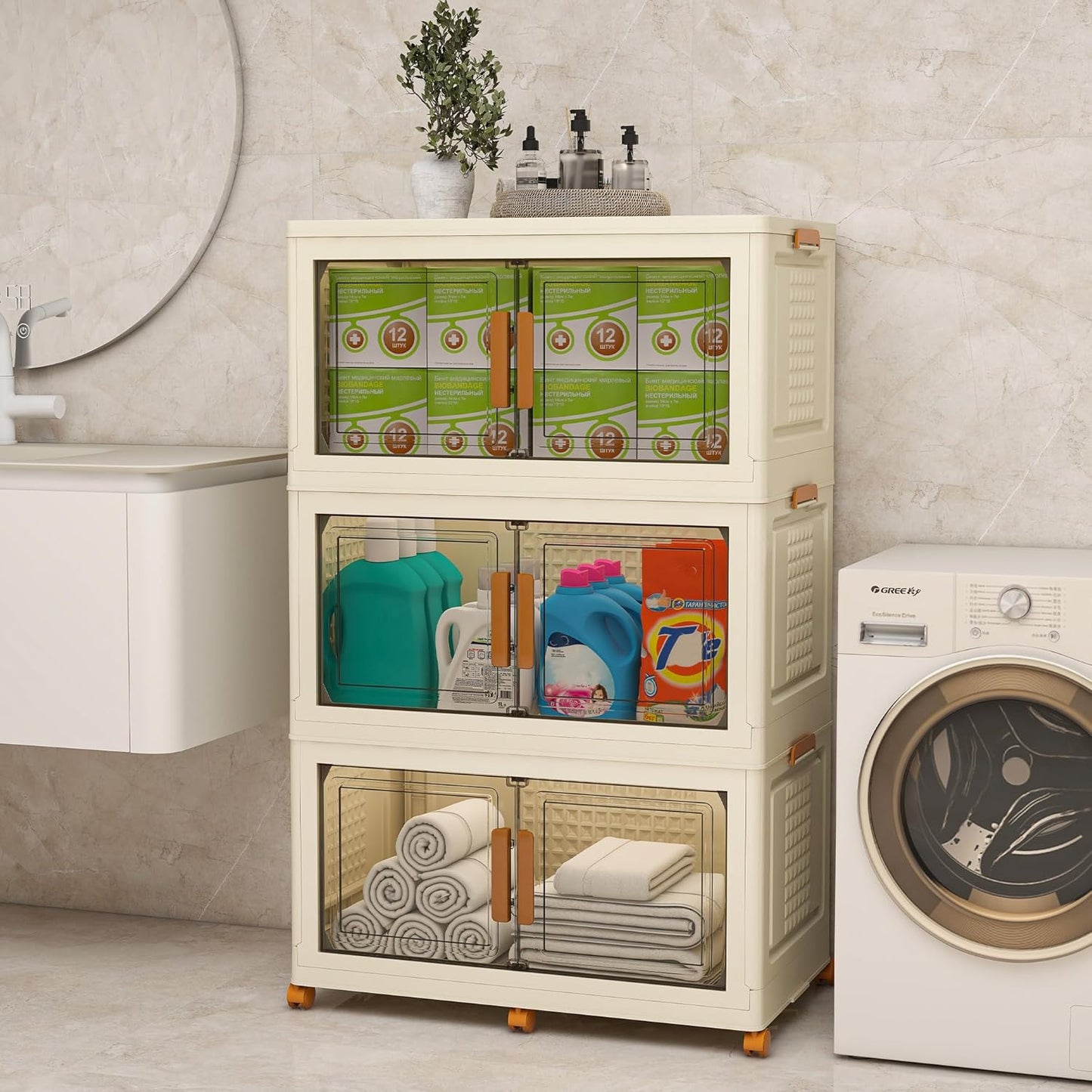 Plastic Stackable Storage Bins with Lids and Wheels, Foldable Closet Organizers and Storage Containers for Bathroom, Collapsible Clear Drawer Storage Cabinet with Doors White 38Gal 3Tiers