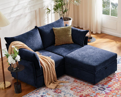 Luxury Modular Sectional Sofa, L-Shaped 3-Seat Couch with Storage Ottoman Deep Seat & Reversible Chaise Lounge Chenille Blue for Compact Spaces, Apartments, Dorm