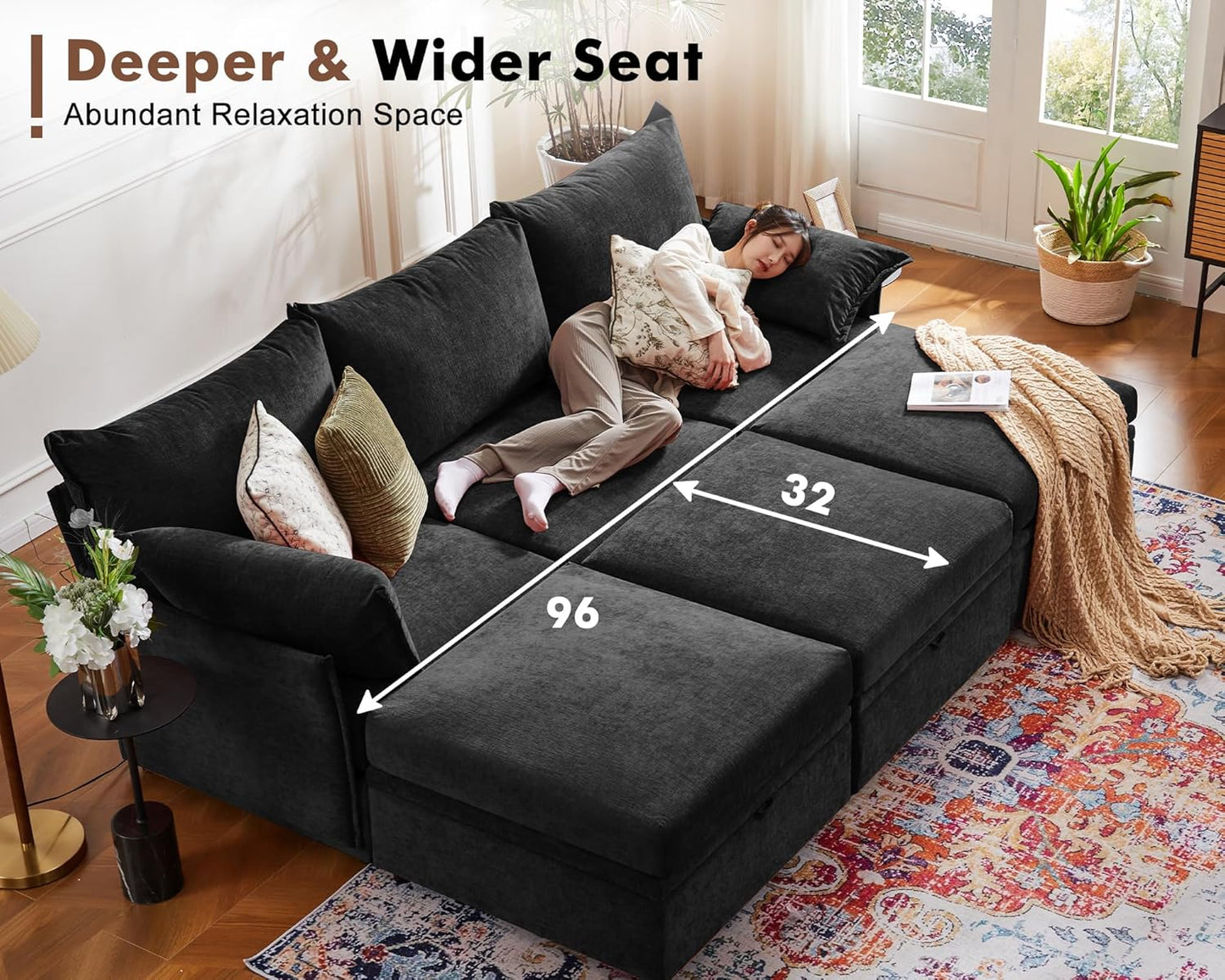 102.6" Modular Sectional Sofa, Oversized 3-Seater Couch with Removable Black Chenille Fabric Cover, Deep Seat & High Backrest for Living Room, Office & Apartment