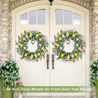 Artgar Spring Wreaths for Front Door, 24 Inch Daisy Wreath, Artificial Spring Summer Wreath with Eucalyptus Leaves Paper Flowers for Indoor Outdoor Home Door Window Wall Wedding Decor