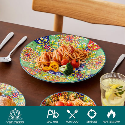 vancasso 12 Pieces Dinnerware Sets, Green Plates and Bowls Set, Porcelain Dishes Set for 4, Microwave and Dishwasher Safe, Scratch Resistant, Bohemian Style Dining Ware Service for 4, Series SIMI