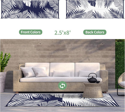 GENIMO Outdoor Rug 2.5' x 8' Waterproof for Patios Clearance, Reversible Outdoor Plastic Straw Camping Rug Carpet, Large Area Rugs Mats for RV, Camper, Deck, Balcony, Porch, Beach, Navy Blue&White