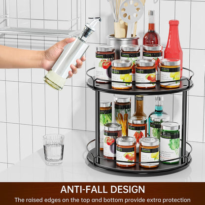 Lazy Susan Organizer 2 Tier - 12.4" Turntable Spice Rack for Table Top, Wooden Rotating Lazy Susan for Cabinet Pantry Kitchen Countertop Dining Table Cupboard Bathroom Vanity Storage(Black)