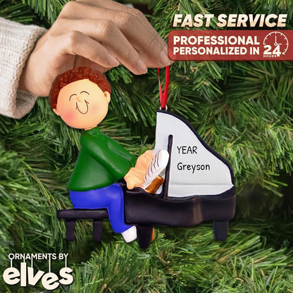 Ornaments by Elves Personalized Grand Piano Ornament for Christmas Tree 2024 - Brunette Music Boy Musical Instrument Decoration for Music Lovers