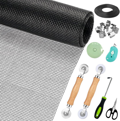 Window Screen Replacement,Screen Door Repair Kit, 48"x178" Black Window Screen Mesh,Including 50 FT Splines+Hooks+2 Rollers+8 Clips+Scissors+Knife+Tape Measure,Fully Equipped Window Screen Repair Kit