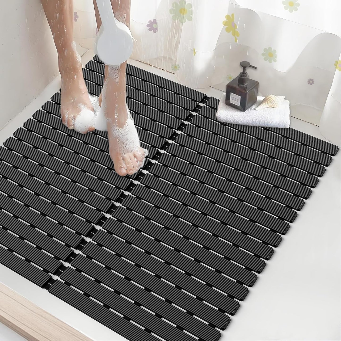 Shower Mat Non-Slip Bath Mat for Tub Floor & Stall with 200+ Suction Cups & Drain Holes, Quick Dry Machine Washable Bathtub Mat, Safe for Elderly& Baby, Bathroom Essentials 24x24 Inch (Black)