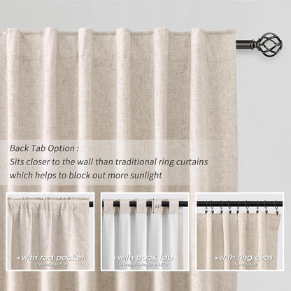 BOODII Oatmeal Linen 102 Inch Curtains Light Blocking Thermal Insulated Window Drapes for Living Room 100% Blackout Room Darkening Curtains Back Tab Loop Pocket Pleated Curtain for Bedroom Nursery