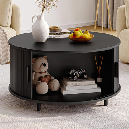 Round Coffee Table with Storage, 31.5" Modern Coffee Table with 360° Curved Sliding Door, Fluted Wood Accent Coffee Table with Adjustable Footpads, Round Center Table for Living Room, Black