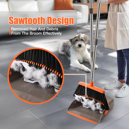 Broom and Dustpan Set, Upgraded Large Broom with Dustpan Combo Set with 56" Tall Adjustable Handle, Self-Cleaning Teeth, Upright Standing Dust Pan for Heavy Duty Indoor Outdoor Cleaning and Pet Hair