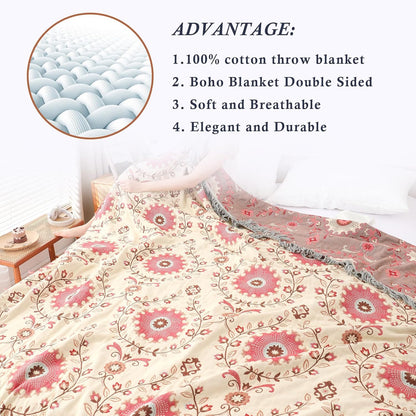 Snycler Boho Throw Blanket for Bed - 100% Cotton Ultra Soft Rustic Quilt - Pink Boho Floral Printed Farmhouse Decor Bed Blankets, 80"×90" All Season Rustic Throw for Sofa Couch Chair