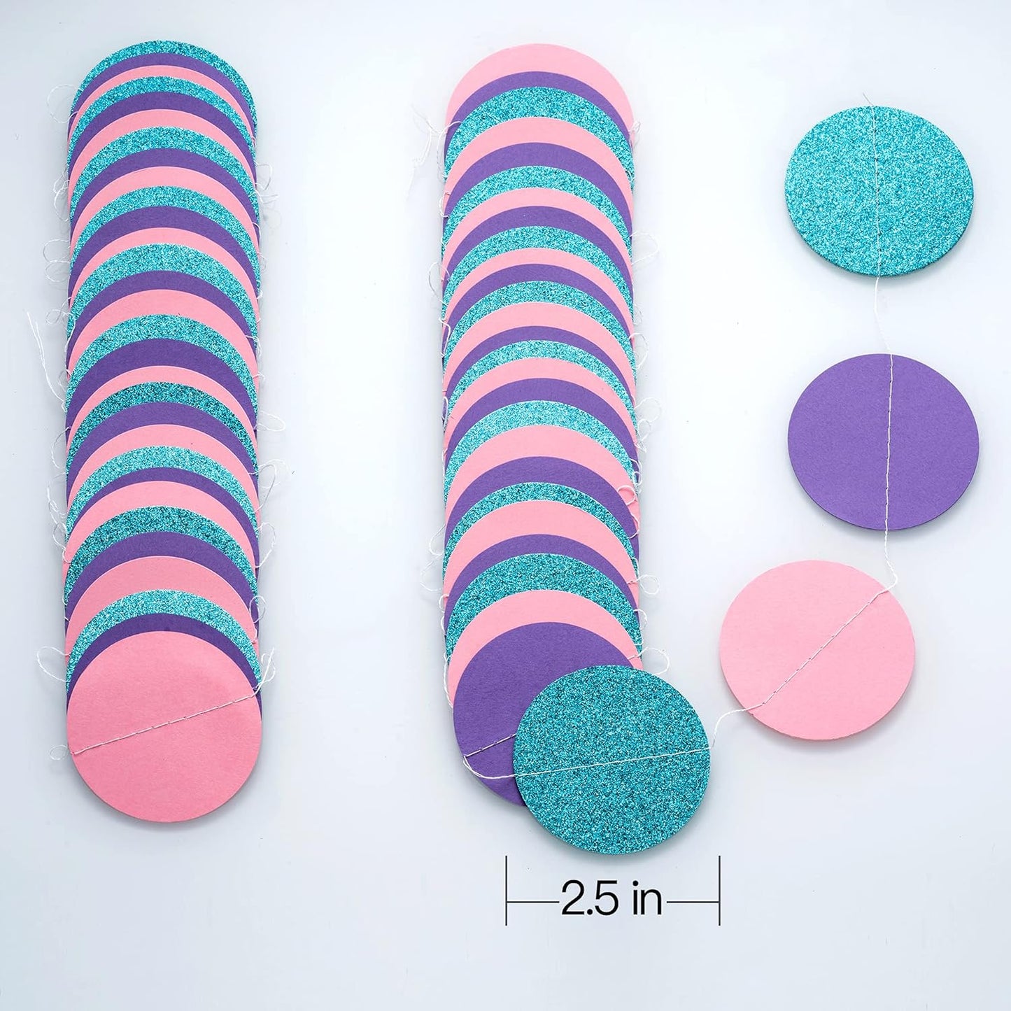 WEVEN Circle String Decorations Paper Garland Banner Streamer Party Decor 2.5" 20 ft (Pink, Purple, Teal Glitter)