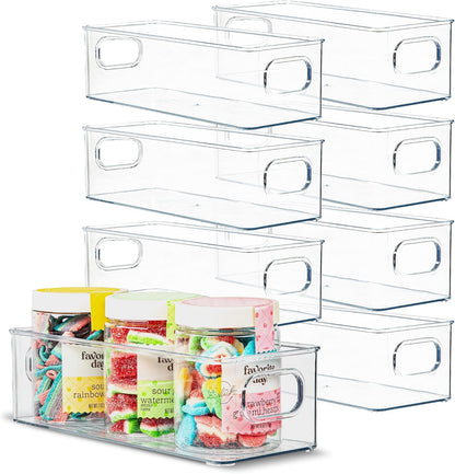 Plastic Food Storage 8 Pack Clear Container Bin with Handles for Organizing Kitchen, Pantry, Fridge, Freezer, Pantry,Bathroom. 10"x4"3"