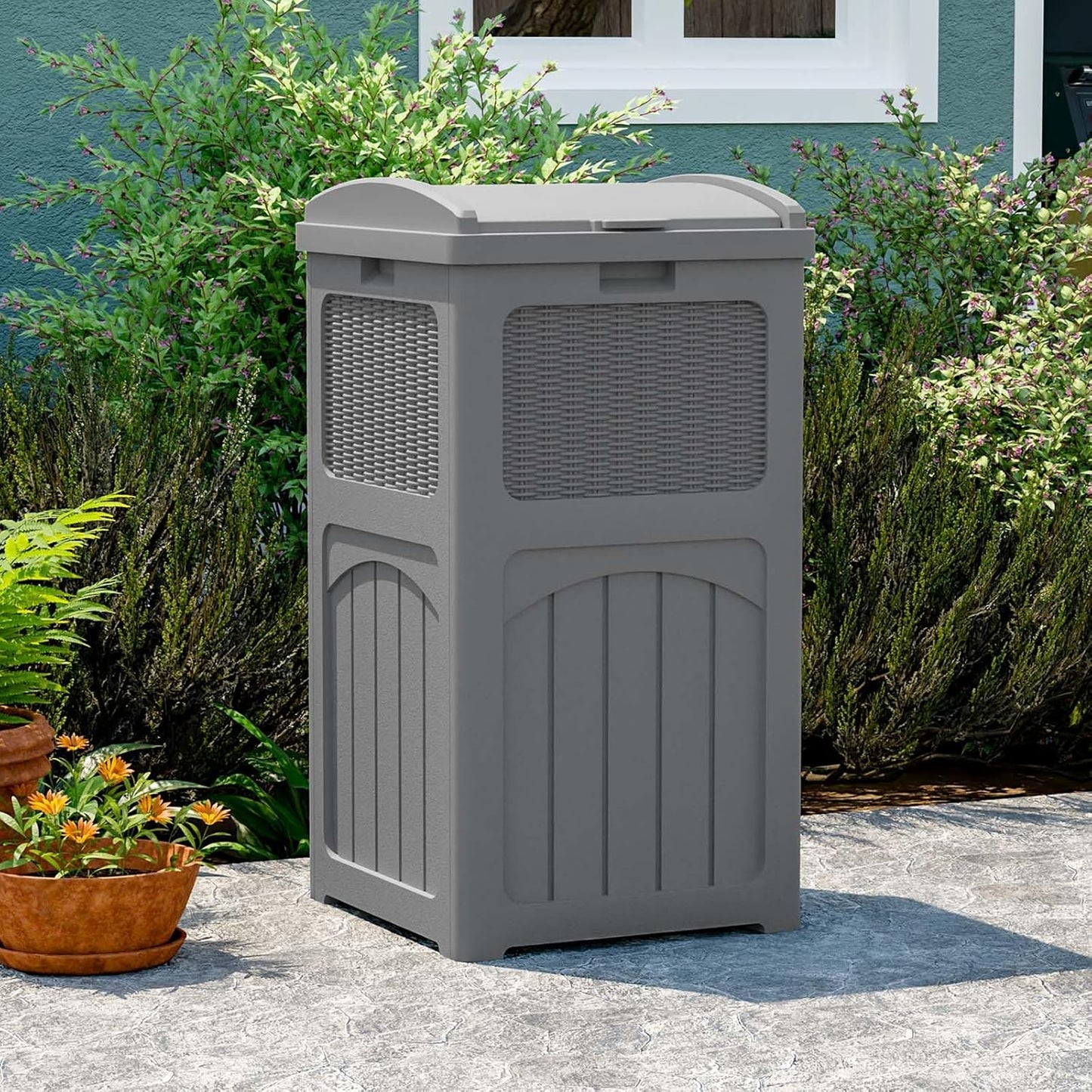 Patiowell 36 Gallon Outdoor Trash Can, Resin Outdoor Garbage Can with Lid for Patio, Backyard, Deck, Gray