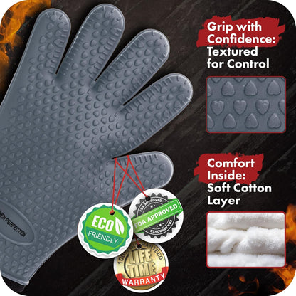 KITCHEN PERFECTION Silicone Smoker Oven Gloves For Women -Extreme Heat Resistant BBQ Gloves -Handle Hot Food Right on Your Smoker Grill Fryer|Waterproof Oven Mitts Grill Gloves |Superior Set+3 Bonuses