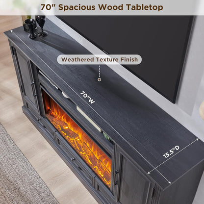 Fireplace TV Stand for 80 Inch TV, 35.7" Tall Farmhouse Entertainment Center W/36'' Electric Fireplace, Media Console with Large Storage Cabinets and Drawers for Living Room, Black