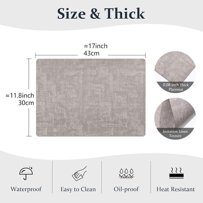 FROMHEART Faux Leather Placemats Set of 4–Waterproof,Heat/Oil Stain-Resistant PU Table Mat–Reversible,Non-Slip,Easy to Clean Place Mats for Kitchen,Dining,Indoor/Outdoor,(Light Grey,11.8" x 17")