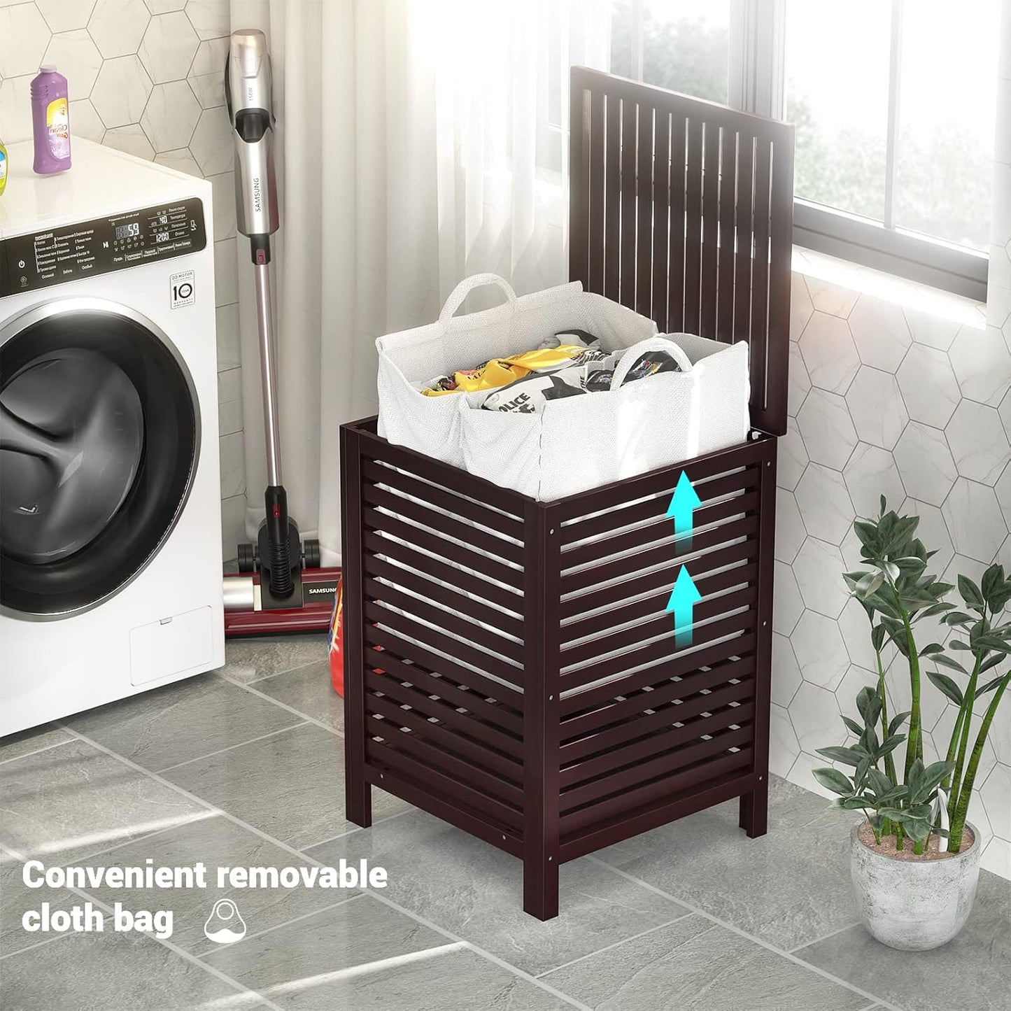 Homykic Bamboo Laundry Hamper with Lid, 120L Large Clothes Laundry Sorter with Removable 2-Section Liner Bag, Raised Laundry Basket Organizer for Clothing, Bathroom, Bedroom, Laundry Room, Espresso