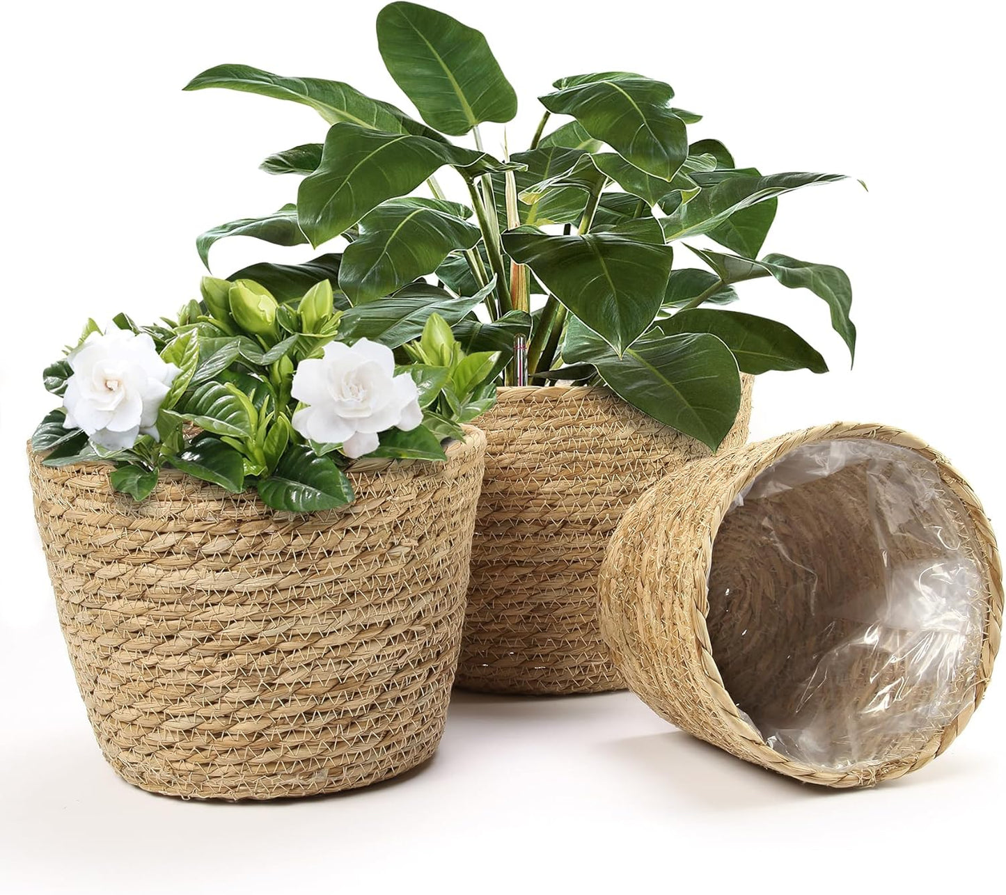 Athaliah Plant Basket, 3 PCS Plant Baskets Indoor with Plastic Liner, Water Hyacinth Woven Planters Flower Basket, Planter Basket for Rustic Boho Home Farmhouse Floor Potted Pots Decor