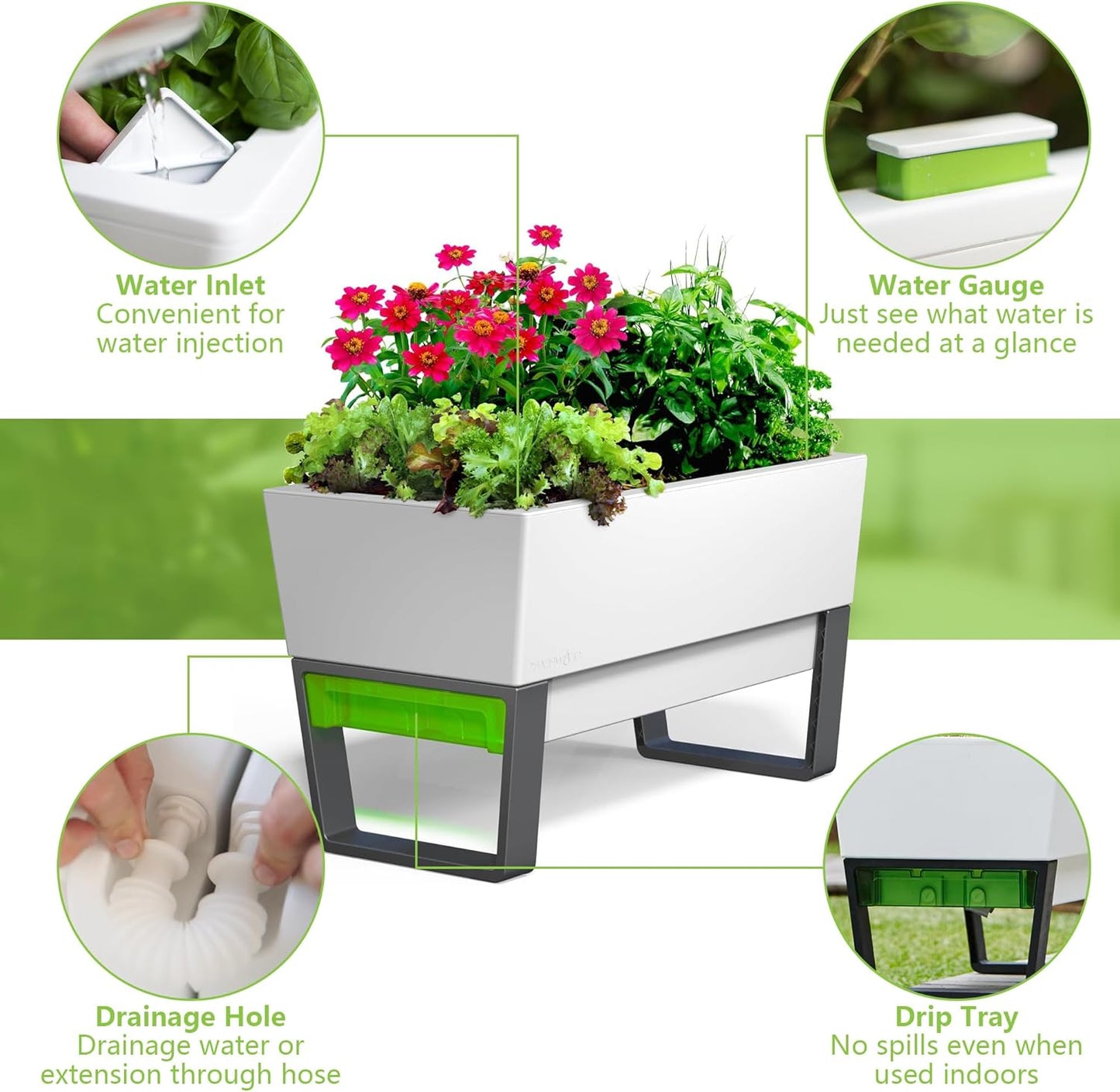 Glowpear Self Watering Planter Box - 29.5", White - UV Stable, Scalable Urban Raised Garden Bed with Water Gauge, Indoor Outdoor for Vegetables, Flowers, Herbs, and Succulents, Gardening
