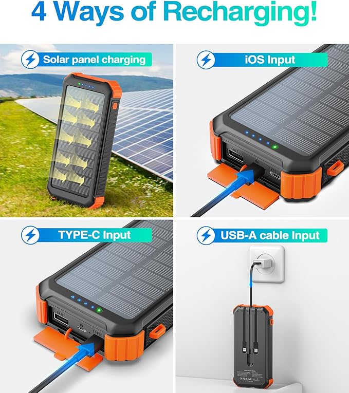 LATIMERIA 45800mAh Solar Charger Power Bank, Portable Phone Charger with 5V3.1A QC 3.0 Fast Charging, Solar Panel USB C in/Output for Cellphone, External Battery Pack with Dual Flashlights for Hiking