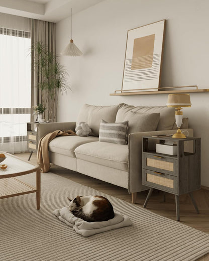 Rattan Nightstand with Charging Station,Modern Bedside Table with 2 Storage Drawer and Open Wood Shelf, for Bedroom and Small Spaces,Night Stand with Solid Wood Legs (Grey Oak)