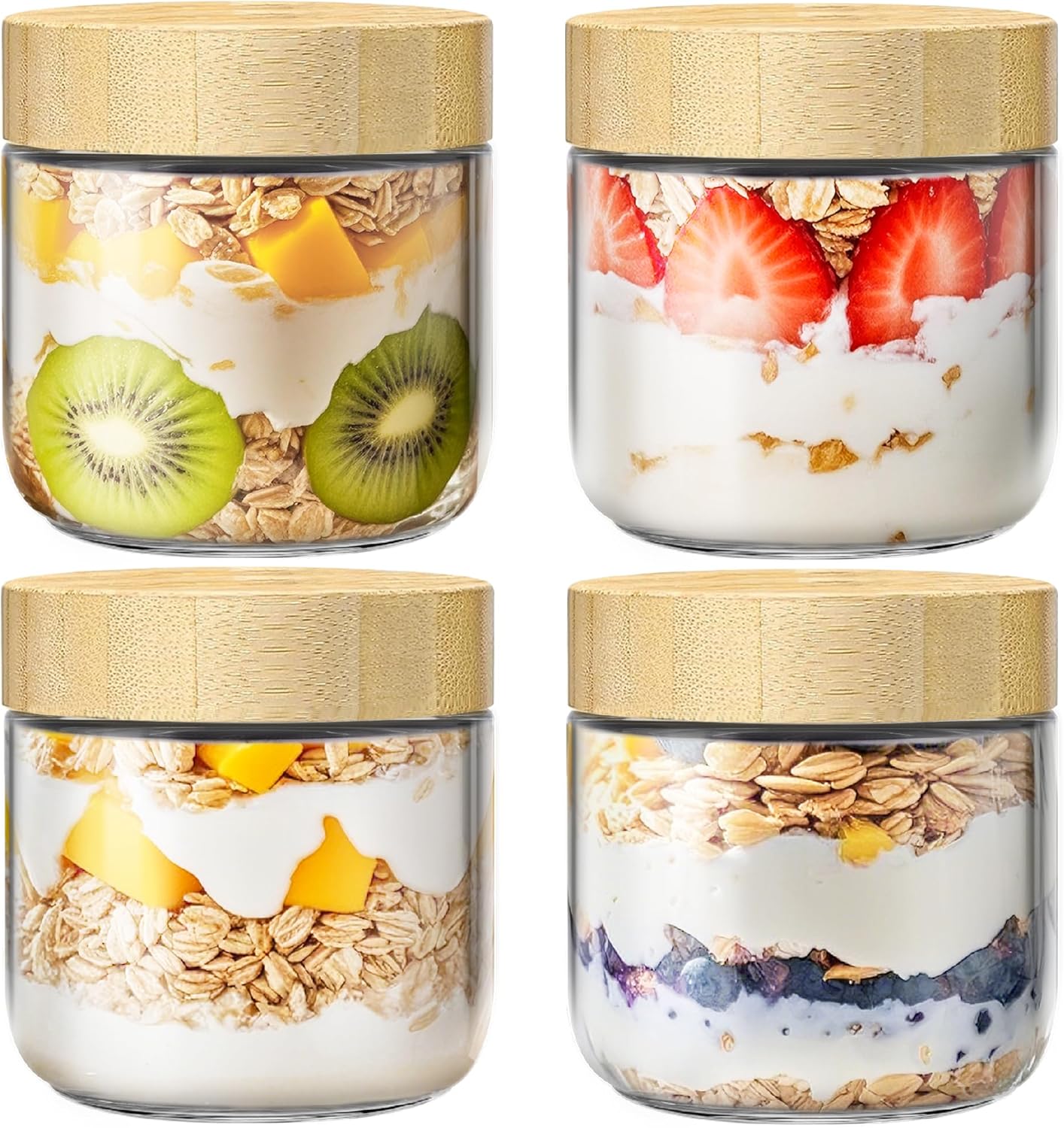 4 Pack 10oz Overnight Oats Containers with Bamboo Lids, Glass Jars with Airtight Lids for Meal Prep, Wide Mouth Mason Salad Jars, Glass Food Storage Container for Yogurt Chia Snacks Spice Sugar