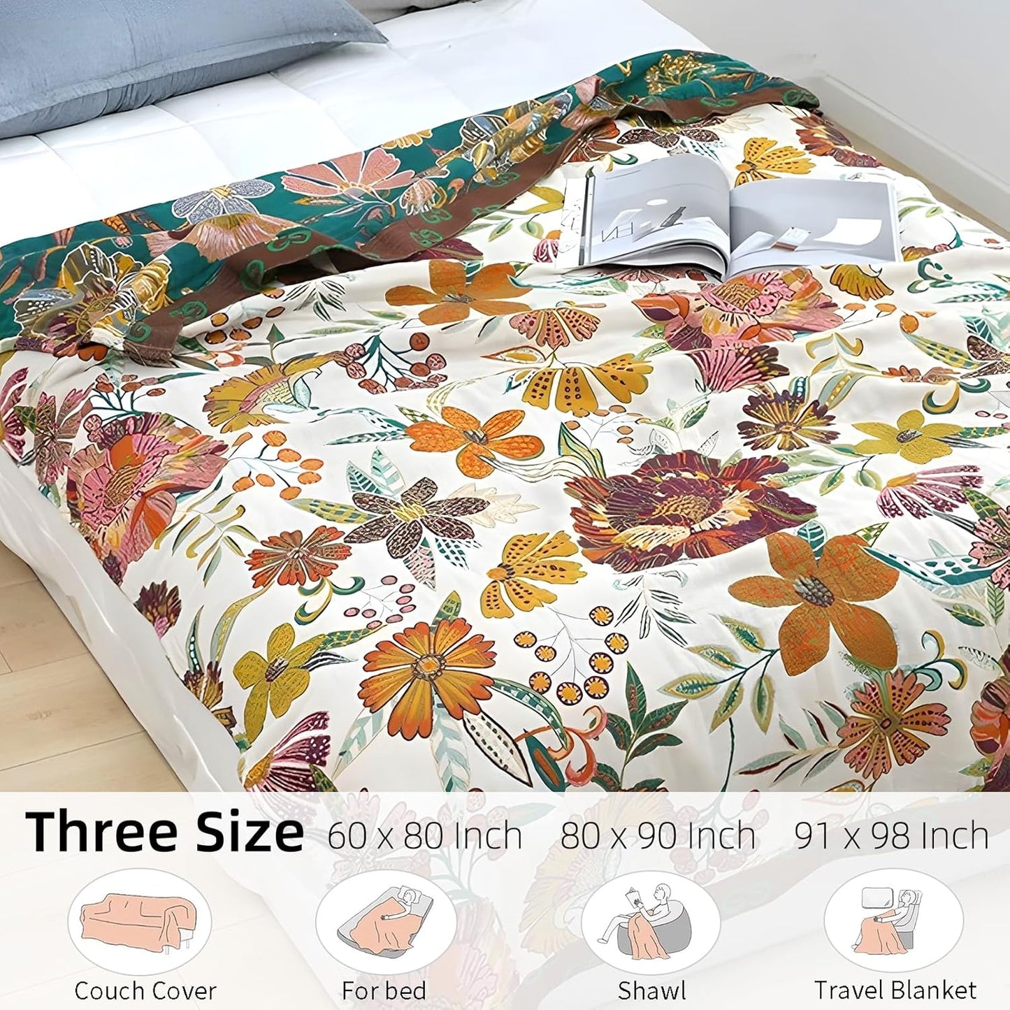 Boho Throw Blanket for Bed - 100% Pure Cotton Ultra Soft Rustic Quilt - Farmhouse Decor Bed Blankets, All Season Rustic Throw for Sofa Couch Chair(80''x 90'', Floral Blossom)
