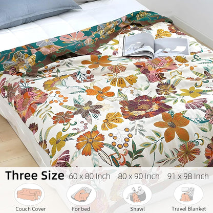 Boho Throw Blanket for Bed - 100% Pure Cotton Ultra Soft Rustic Quilt - Farmhouse Decor Bed Blankets, All Season Rustic Throw for Sofa Couch Chair(80''x 90'', Floral Blossom)