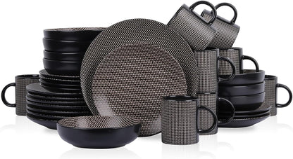 Stone Lain Daisy Stoneware 32-piece Round Dinnerware Set, Brown and Black