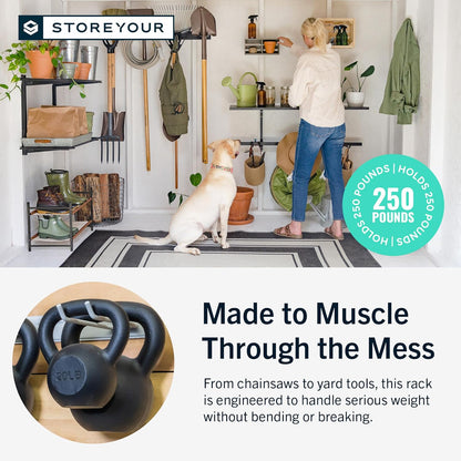 StoreYourBoard Wall-Mounted Rack With 4 Garage Hooks – Heavy-Duty Steel Holder Garage & Garden Storage for Shed, Workshop, or Home Organization – For Rakes, Shovels, Tools & More – 2 Pack, Black