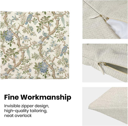 CXMEIFLY Chinoiserie Spring Pillow Covers 22 x 22 Inch Set of 2 for Blue Sage Green Vintage Flowers Bird Decor Throw Pillows Plant Farmhouse Outdoor Decorative Cushion Cases for Couch Bed Decorations