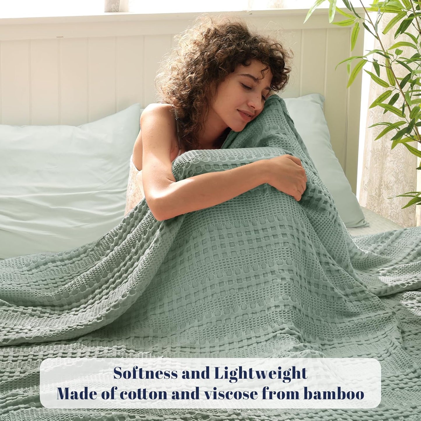 PHF Cooling Waffle Blanket Twin Size, Lightweight 60% Rayon Derived from Bamboo & 40% Cotton Breathable Blanket for Hot Sleepers, Soft and Luxury for Bed Couch and Sofa, 66"x90", Sage Green