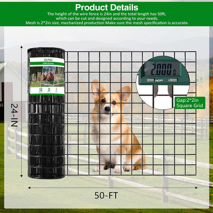 Wire Fence, 24 in(H) X 50 ft(L) PVC Coated Welded Wire Fencing 2" X 2" 16GA Garden Border Vinyl Metal Chicken Wire Fencing Mesh Roll for Yard Vegetable Plant Protection Poultry Netting Black