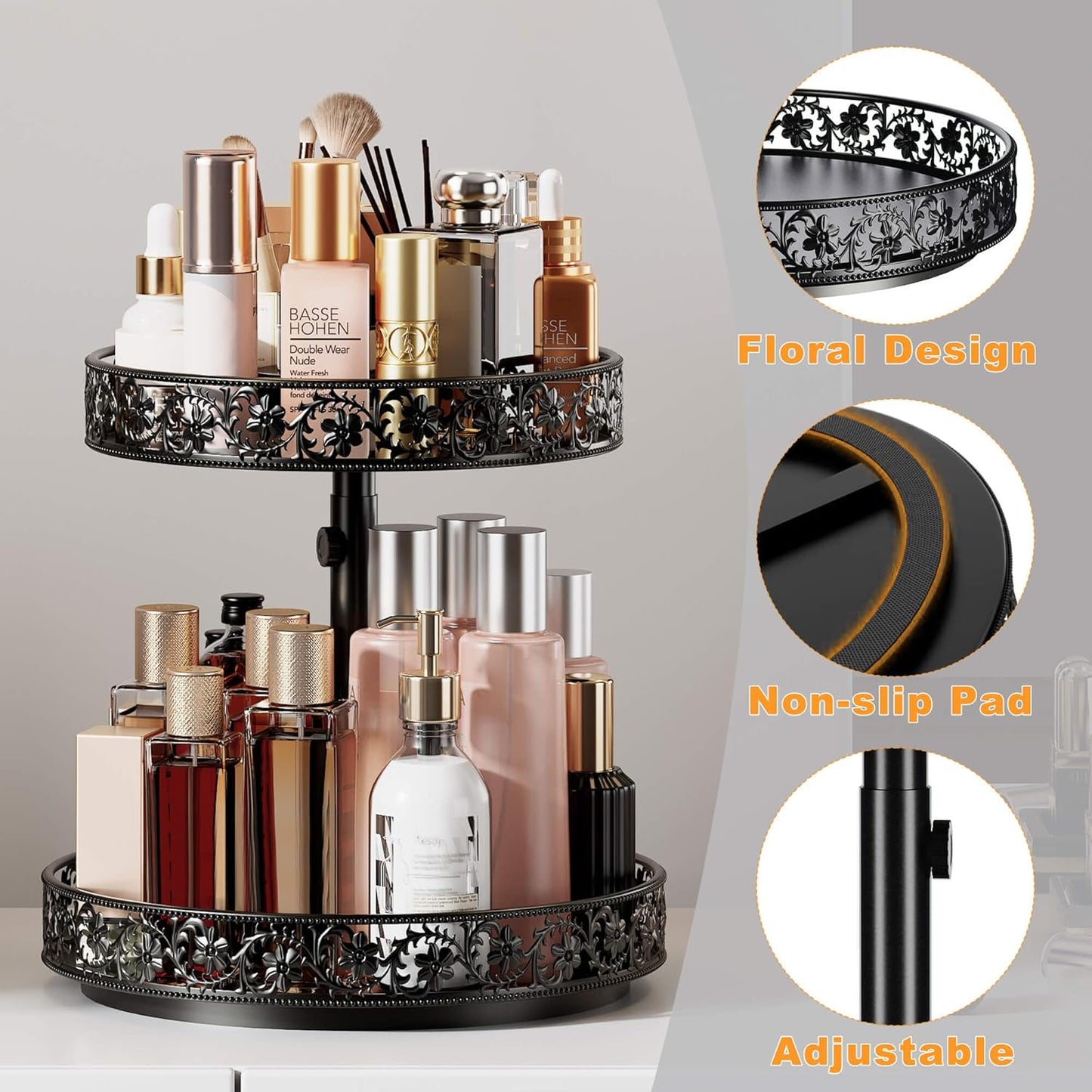 Two Tier Lazy Susan Organizer Turntable Height Adjustable, 2 Tier Lazy Susan 12 Inch Metal Easy Assembly, Spice Rack Organizer Rotating for Cabinet Dining Table Top Kitchen Countertop Black