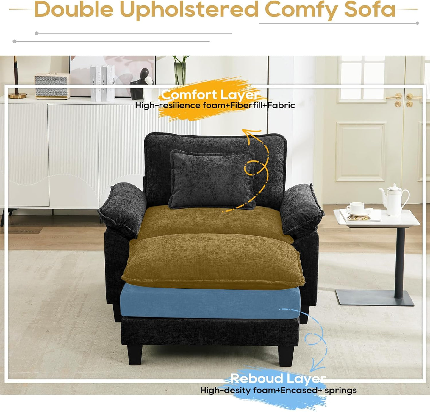 URRED Modular Sectional Sofa Comfy Cloud Couch, Modern Chenille Sofa Sleeper Deep Seat Couches with Ottoman/Pillows for Living Room (Black, 53''- Ottoman)