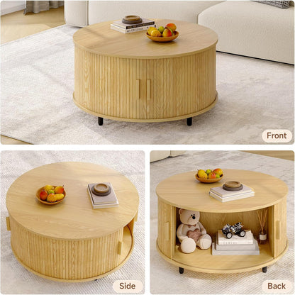 Round Coffee Table with Storage, 31.5" Modern Coffee Table with 360° Curved Sliding Door, Fluted Wood Accent Coffee Table with Adjustable Footpads, Round Center Table for Living Room, Oak
