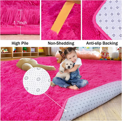 Rezutan Ultra Soft Fluffy Hot Pink Rugs for Bedroom, 4x6 Feet Fluffy Shag Area Rugs for Living Room and Girls Kids Baby Room Decor, Non Slip Nursery Modern Indoor Fuzzy Floor Bedside Carpet