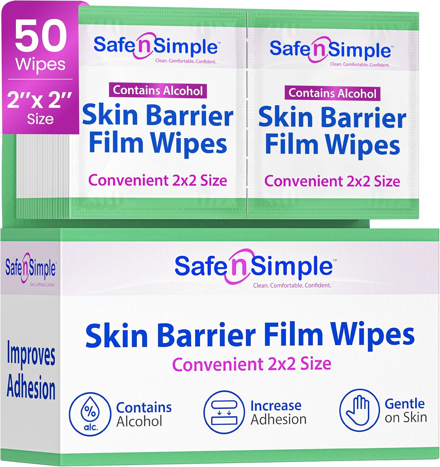 Safe n' Simple Skin Barrier Wipe with Alcohol - 50 Individually Packaged Wipes 2"x2" - Ostomy Sterile Skin Prep Pads - Skin Barrier Film Wipes for Ostomy - Alcohol Stoma Barrier Prep Pads