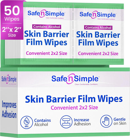 Safe n' Simple Skin Barrier Wipe with Alcohol - 50 Individually Packaged Wipes 2"x2" - Ostomy Sterile Skin Prep Pads - Skin Barrier Film Wipes for Ostomy - Alcohol Stoma Barrier Prep Pads
