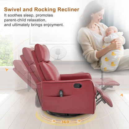 Manual Swivel Rocker Recliner Chair for Adults, Overstuffed Reclining Glider Chair for Nursing with Vibration Massage & Heat, Living Room Rocking Recliner 2-Stage backrest, Faux Leather Red