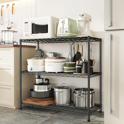 3- Shelf Metal Shelving Unit 35.6Wx14Dx36H Adjustable Storage Shelves Heavy Duty Garage Shelving Steel Wire Shelving for Laundry Bathroom Kitchen Pantry Closet Garage Black