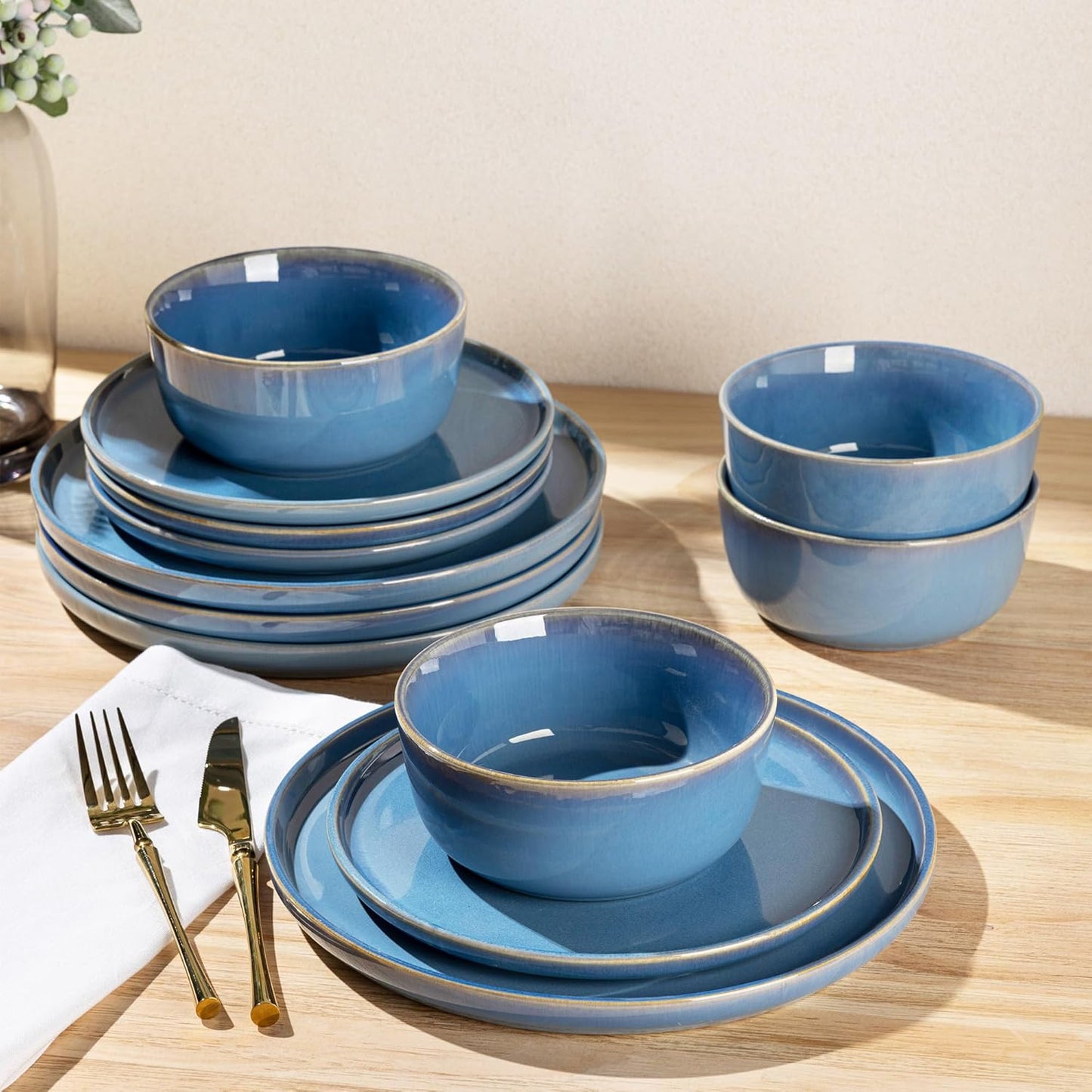 GBHOME Ceramic Dinnerware Sets for 4, 12 Pieces Stoneware Plates and Bowls Sets, Reactive Glaze Dishes -Scratch Resistant, Dishwasher&Microwave Safe-Alaskan Blue