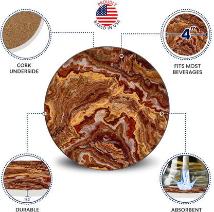 Emerson Coasters for Drinks Absorbent Set of 6 with Holder – Marble Style Coasters – Coasters for Drinks – Drink Coasters for Coffee Table – 100% Ceramic Stone Non Slip – Heavy Duty (Ember)