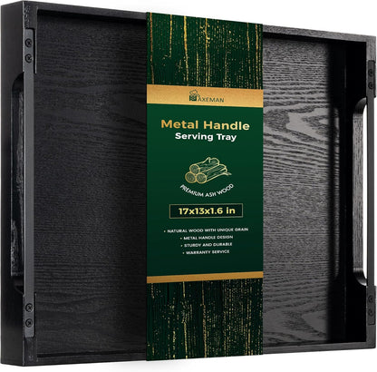 Axeman Wooden Serving Tray with Metal Handles|Ottoman Tray for Breakfast, Bed, Couch|17x13in Ash Wood Coffee Table Trays|Food Drinks Decorative Storage Boards for Ottoman Kitchen, Black