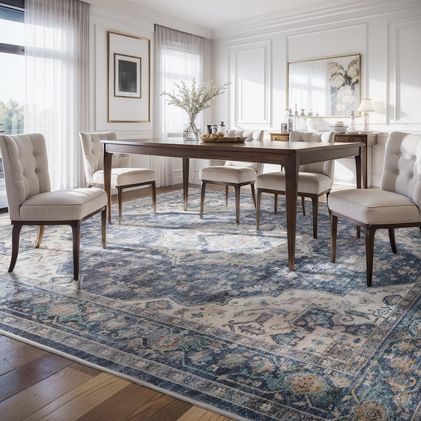 AMOAMI-4X6 Area Rugs for Living Room -Soft Vintage Bedroom Rugs-Non Slip Washable Rug-Throw for Living Room Bedroom Bedside Dining Room Office Blue