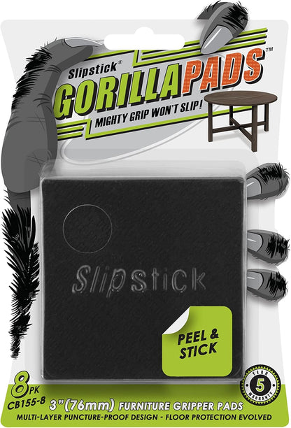 Slipstick GorillaPads Non Slip Furniture Pads/Gripper Feet Floor Protectors (Set of 8) Premium 3 Inch Square Self Adhesive Rubber Stoppers for Furniture Legs, Black, CB155-8